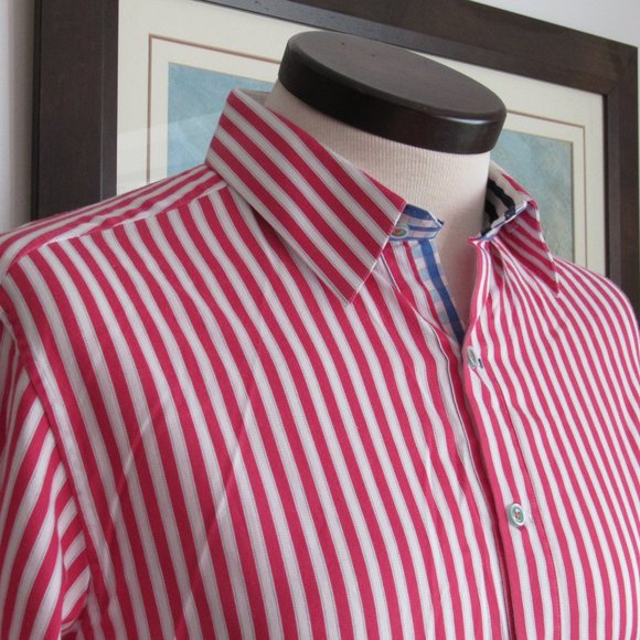 Robert Graham X Red White Stripes Contrasting Cuffs Collar Men's Shirt Sz L Read - Picture 6 of 15